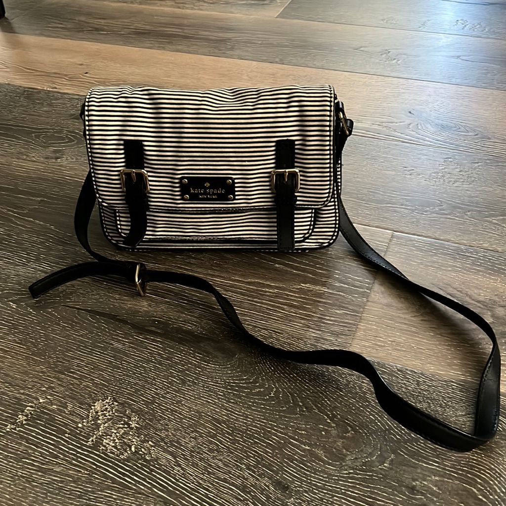 Kate Spade Black Striped Crossbody With Silver And Black Leather Accents